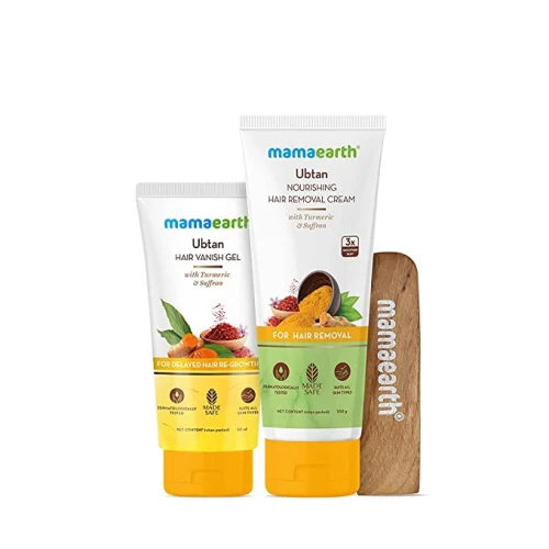 Mamaearth Ubtan Nourishing Hair Removal Cream Kit, for Sensitive Skin, Made Safe Certified with Turmeric & Saffron, with Hair Vanishing Gel & Wooden Spatula