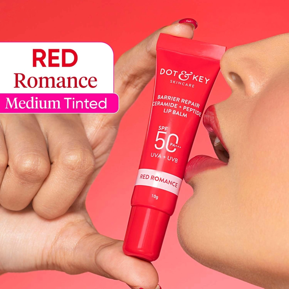 Dot & Key Ceramide & Peptide Barrier Repair Lip Balm Spf 50,Pa+++ | Red Romance | Uva/Uvb Lip Protection | Soft Tinted Lip Moisturizer | Boosts Collagen&Instantly Plumps Lip | Prevents Pigmentation | 10Gm