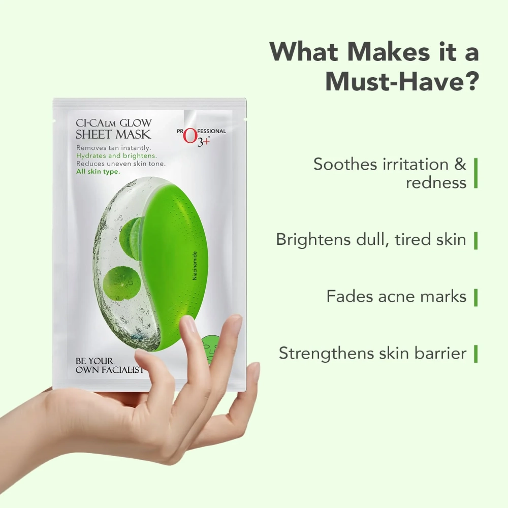 O3+ Ci-Calm Glow Sensitive Skin Sheet Mask with Cica Leaf Extract & Ceramide for Barrier Repair & Anti Redness