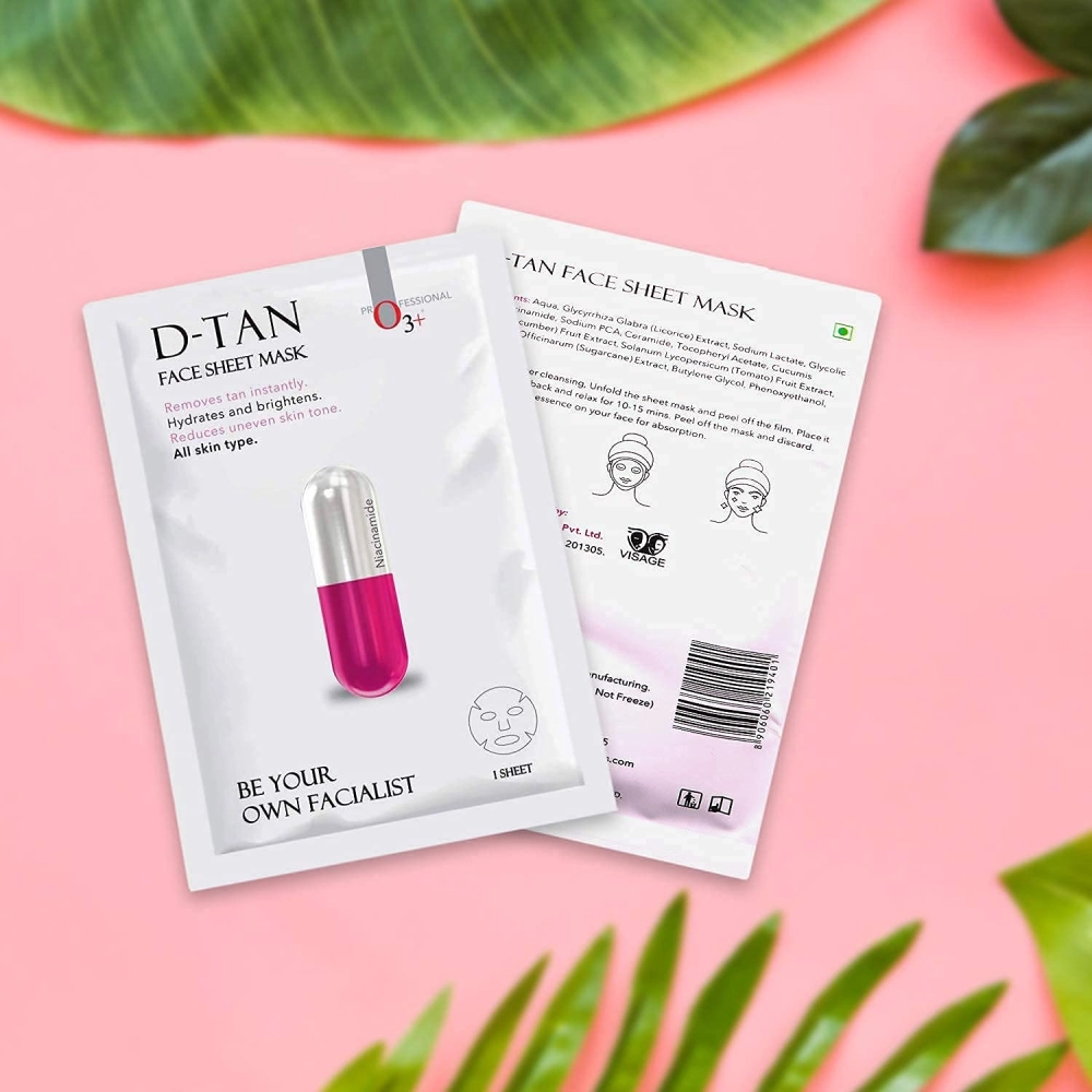 O3+ Facialist Dtan Face Sheet Mask With Niacinamide reduced dark spots, acne scars, and discoloration while giving ultimate brightening (30g)